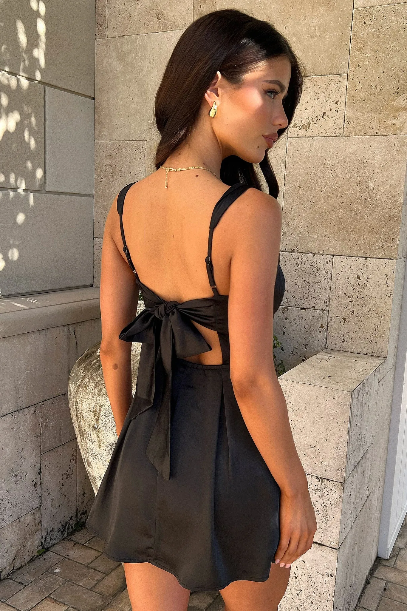 Edina Satin Mini Dress - Black