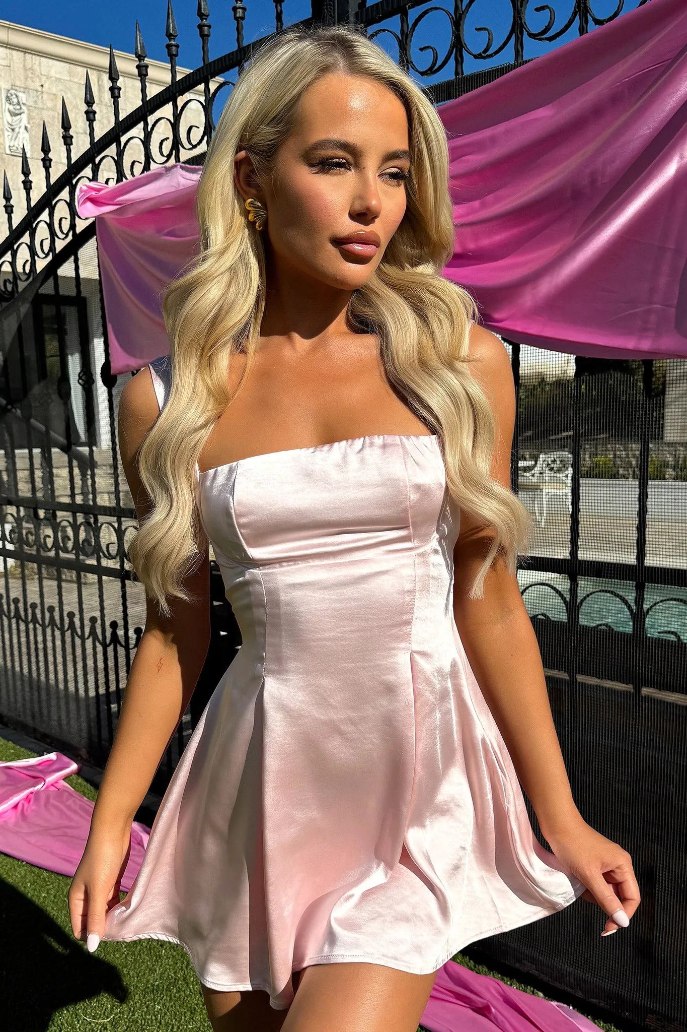Edina Satin Mini Dress - Pink