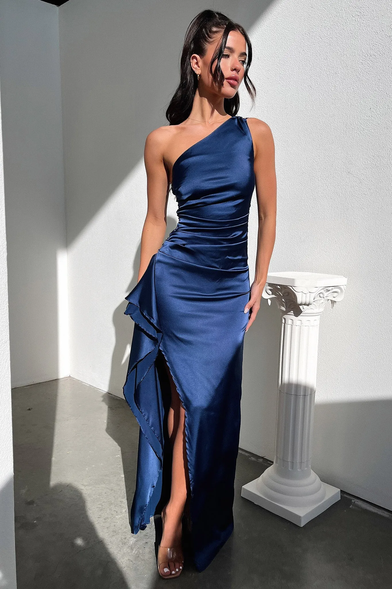 Elianna One Shoulder Satin Maxi Dress - Navy