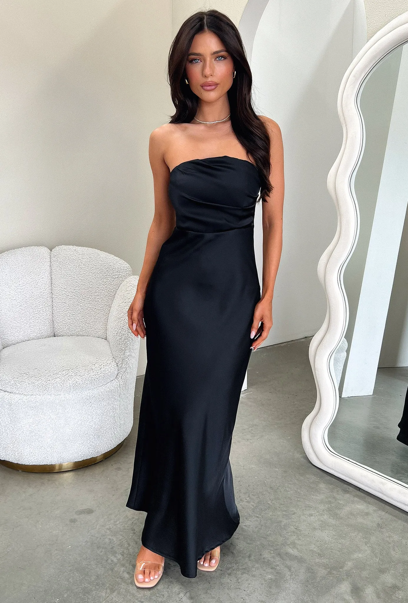 Elio Strapless Satin Maxi Dress - Black