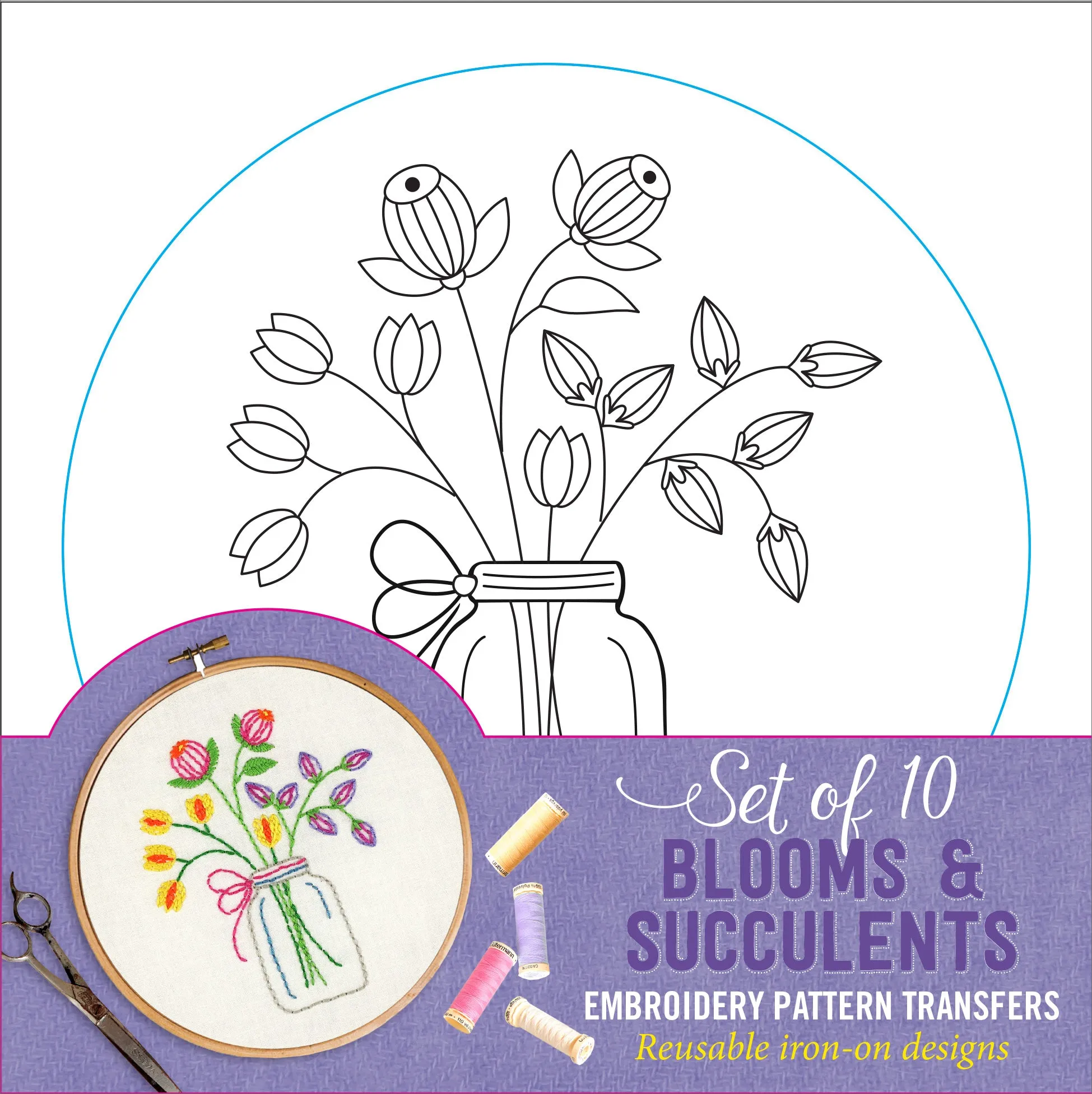 Embroidery Pattern Transfers - Set of 10 Blooms & Succulents
