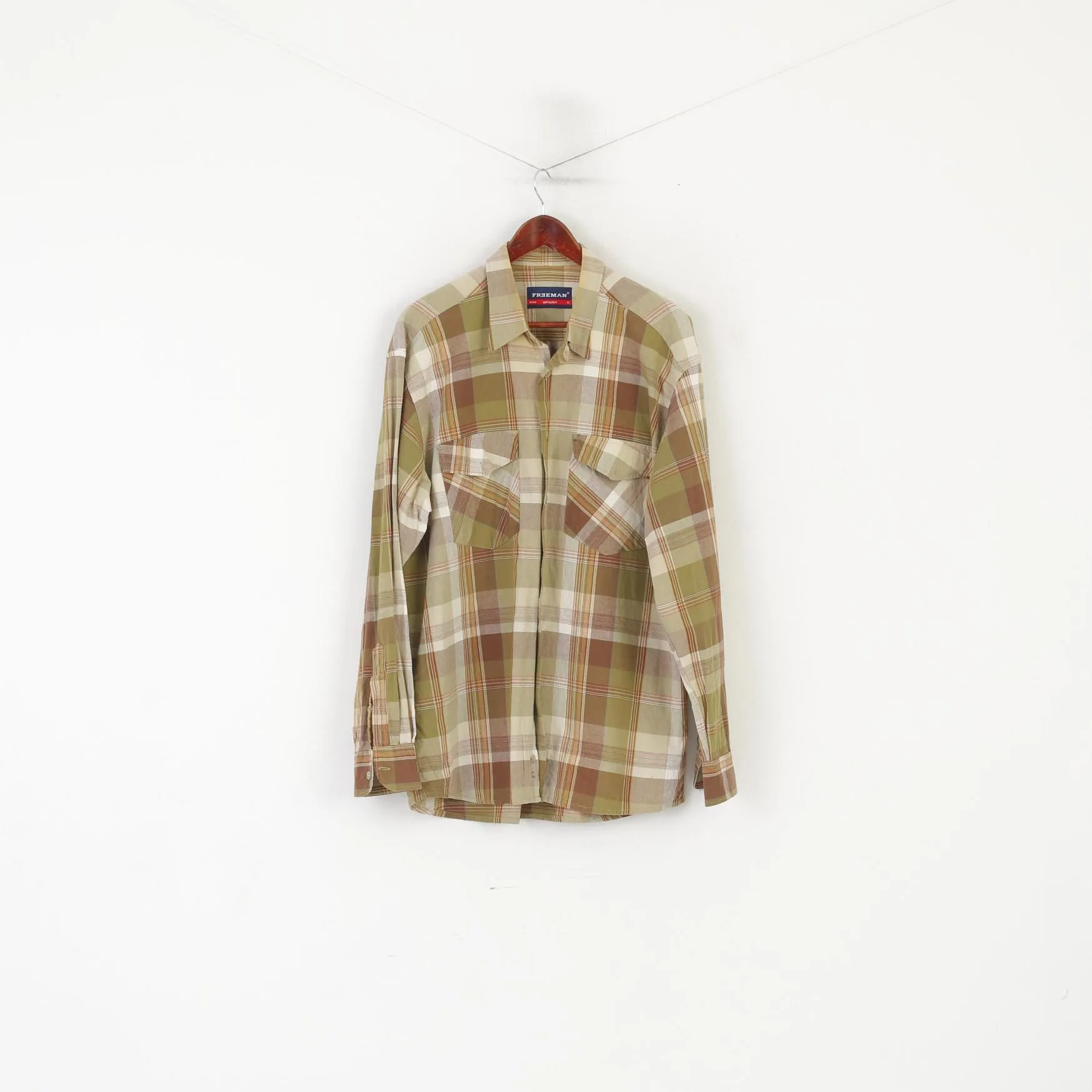Freeman Sport Men XL Casual Shirt Brown Green Check Cotton Long Sleeve Top