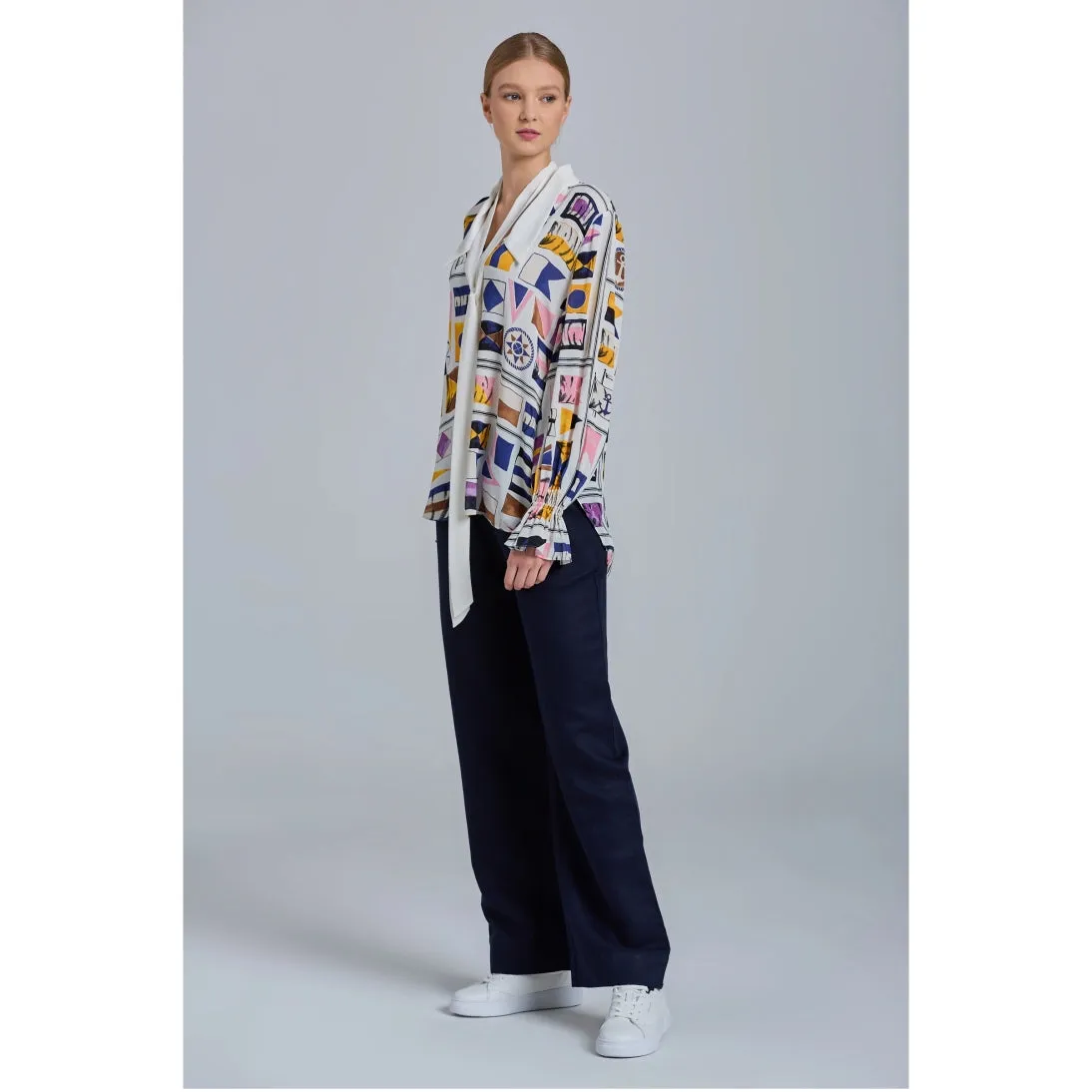 GANT Flag Print Bow Blouse 2074 Caulk White