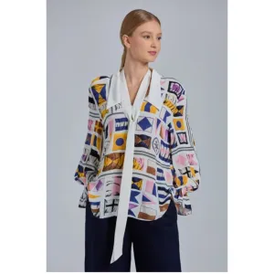 GANT Flag Print Bow Blouse 2074 Caulk White