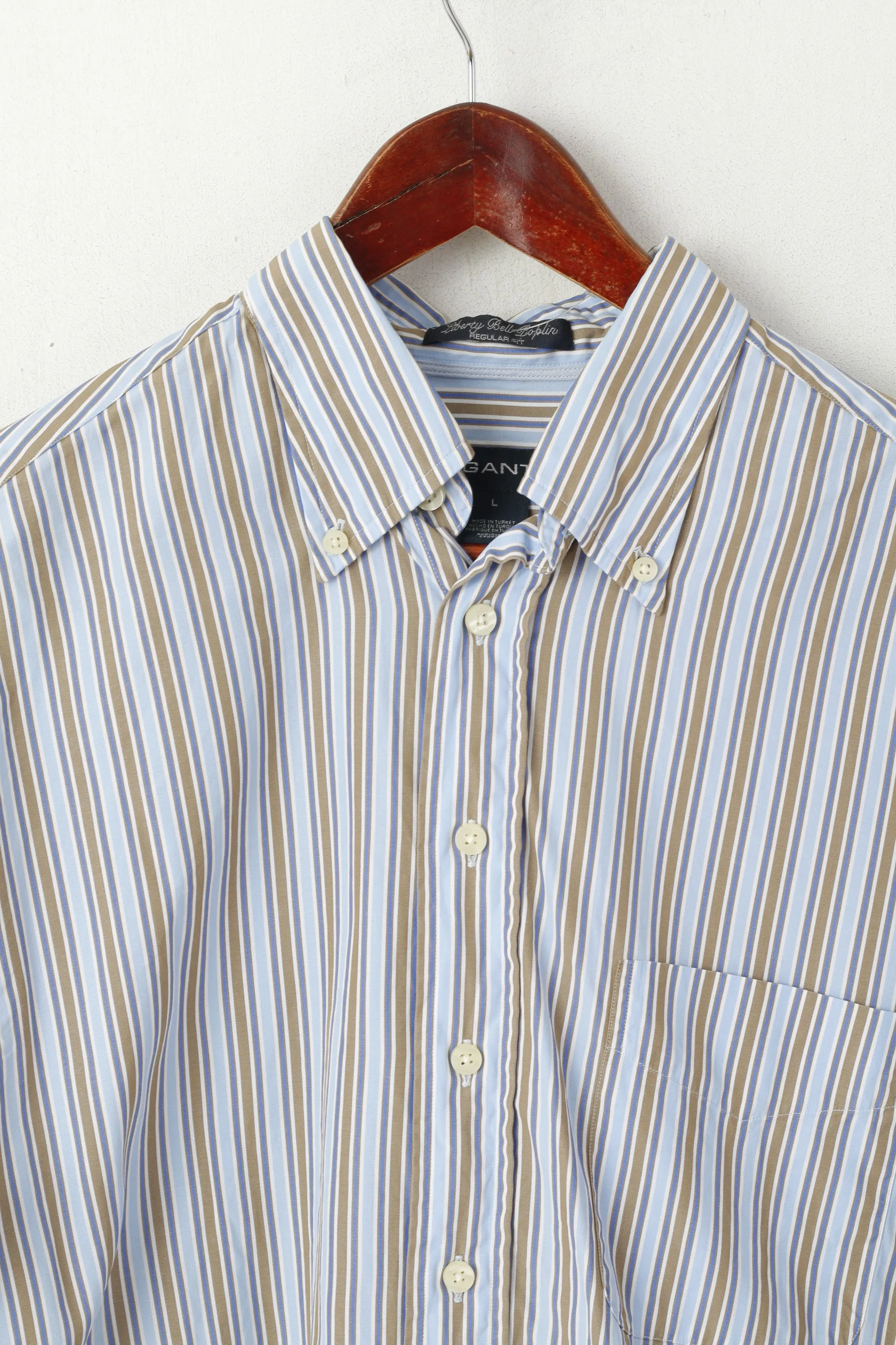 GANT Men L Casual Shirt Blue Striped Cotton Regular Fit Liberty Bell Poplin Top