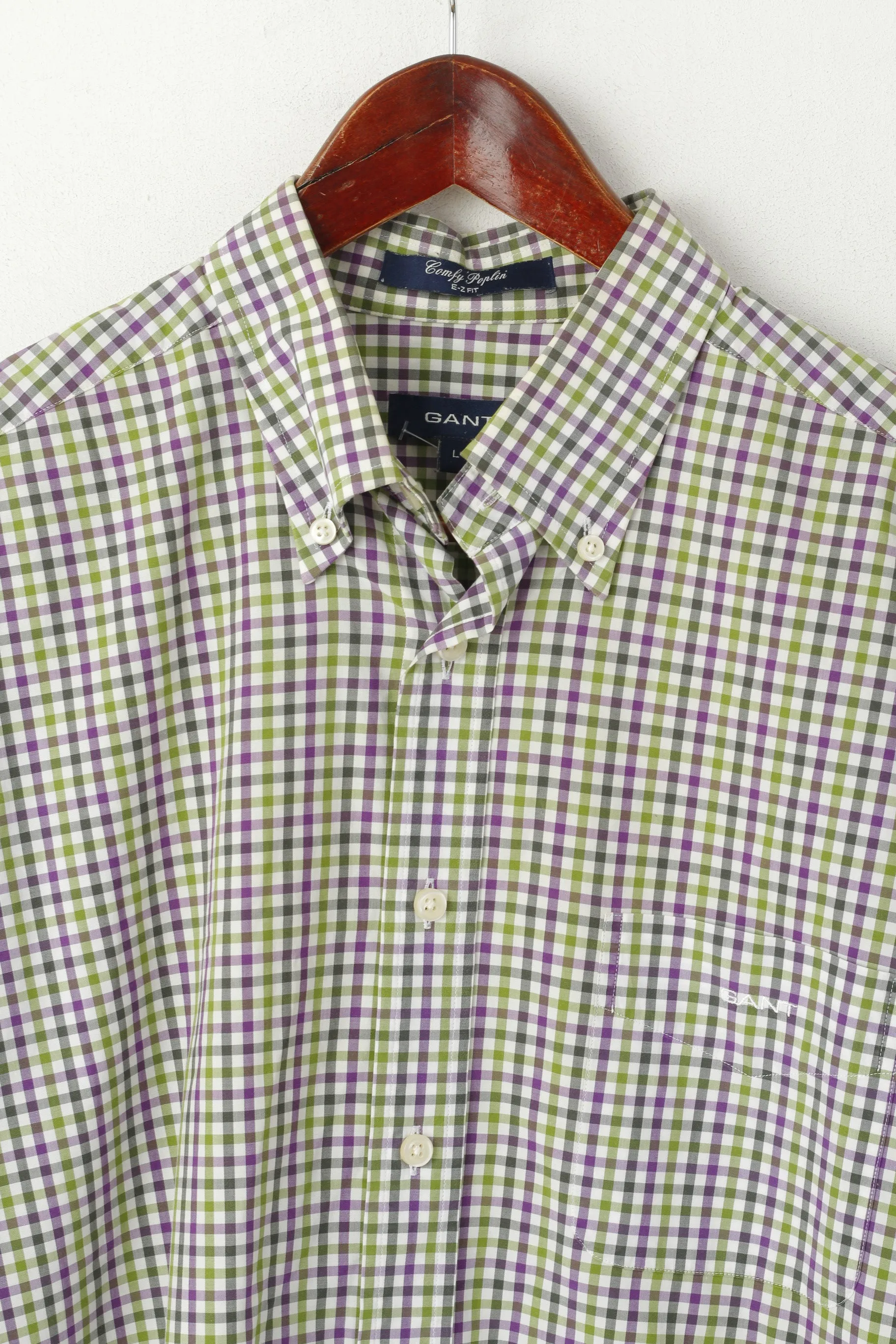 GANT Men L Casual Shirt Green Purple Check Cotton Comfy Poplin Long Sleeve Top