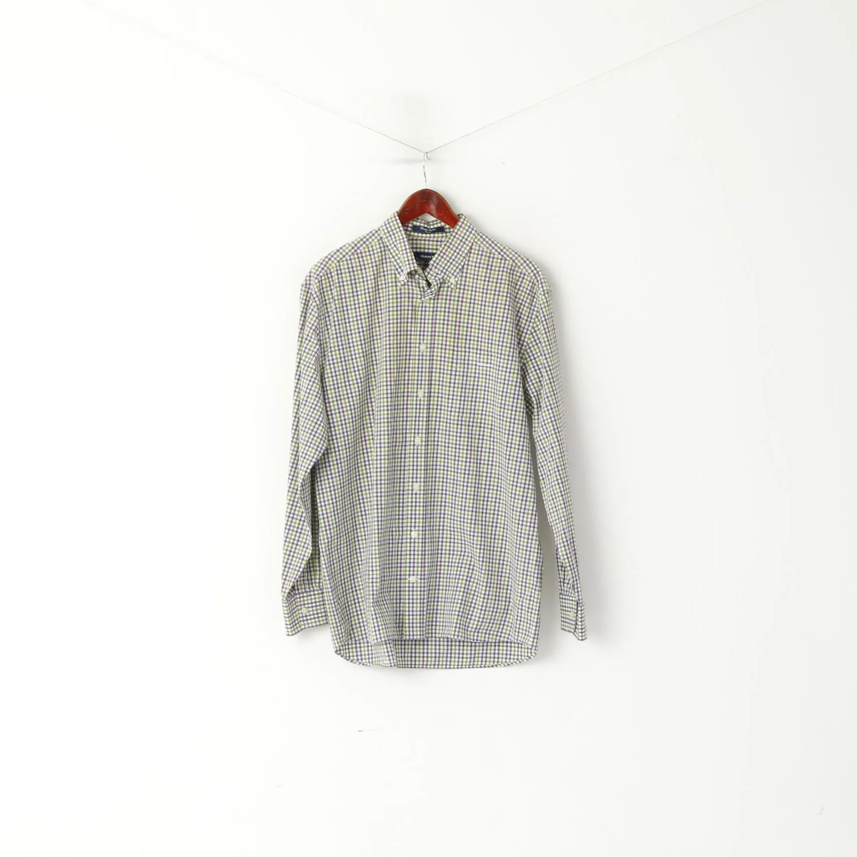 GANT Men L Casual Shirt Green Purple Check Cotton Comfy Poplin Long Sleeve Top