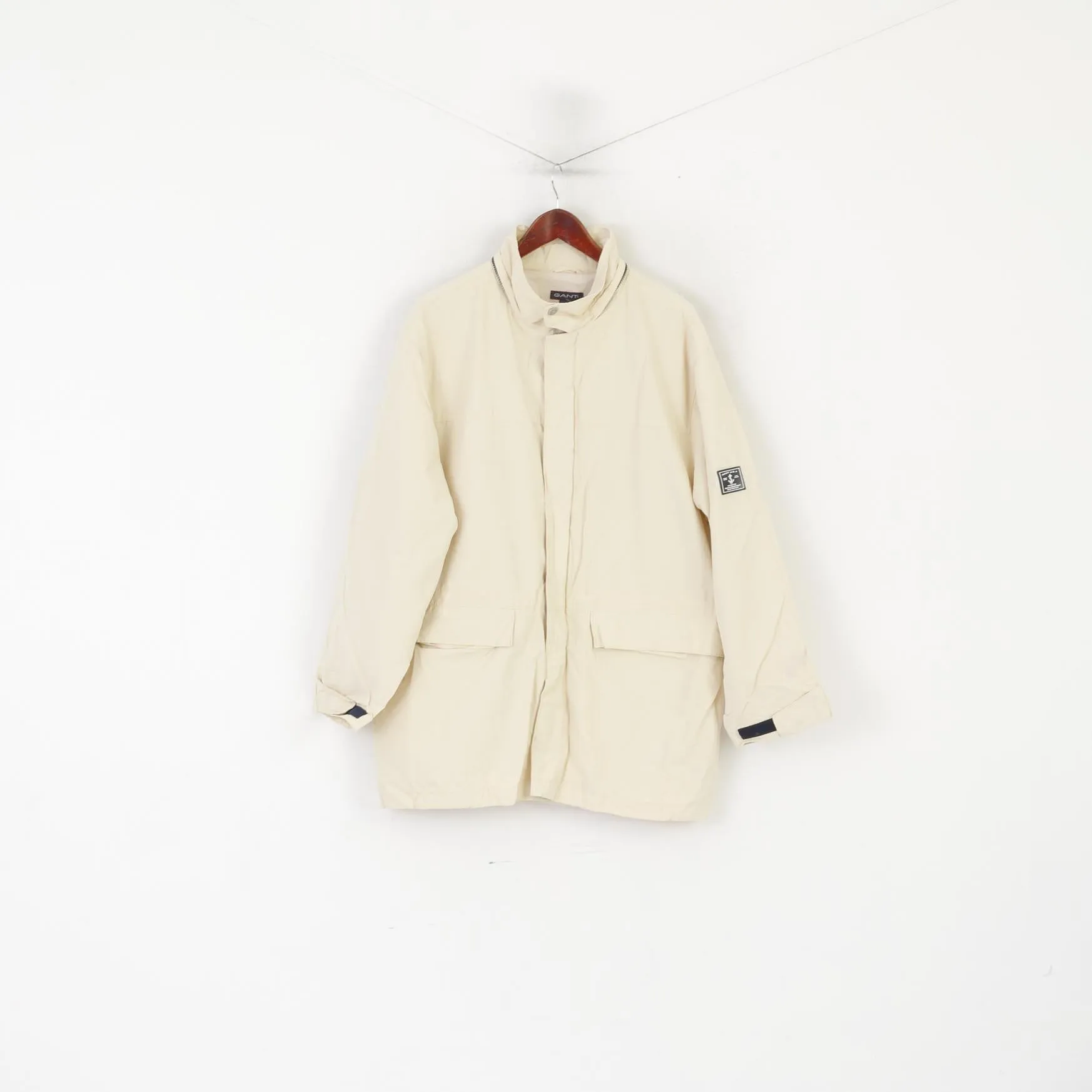 Gant Men L Jacket Beige Cotton Navigator Parka Full Zipper Windcheater Outdoor Top