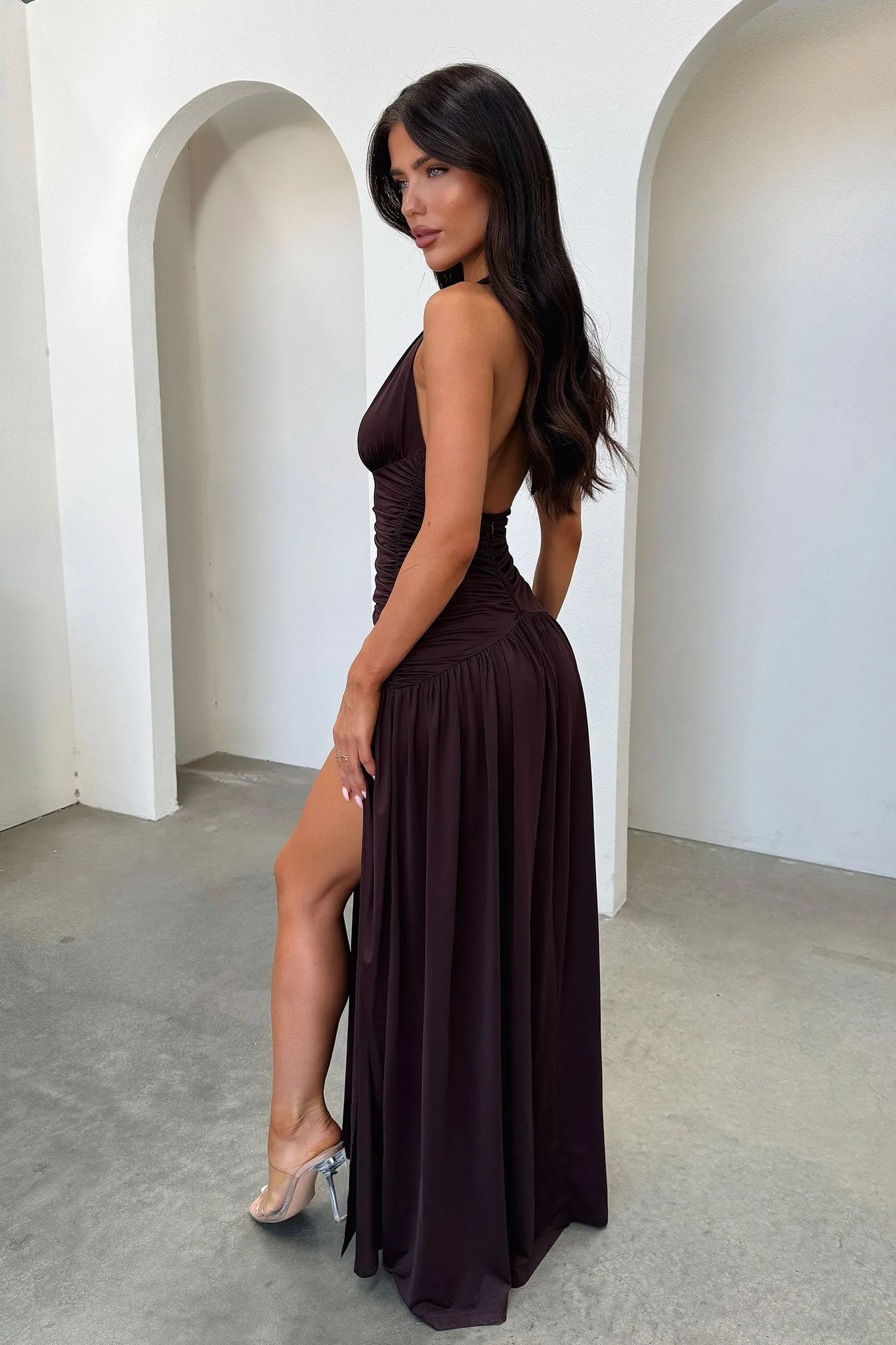 Ginevra Ruched Halter Maxi Dress - Brown