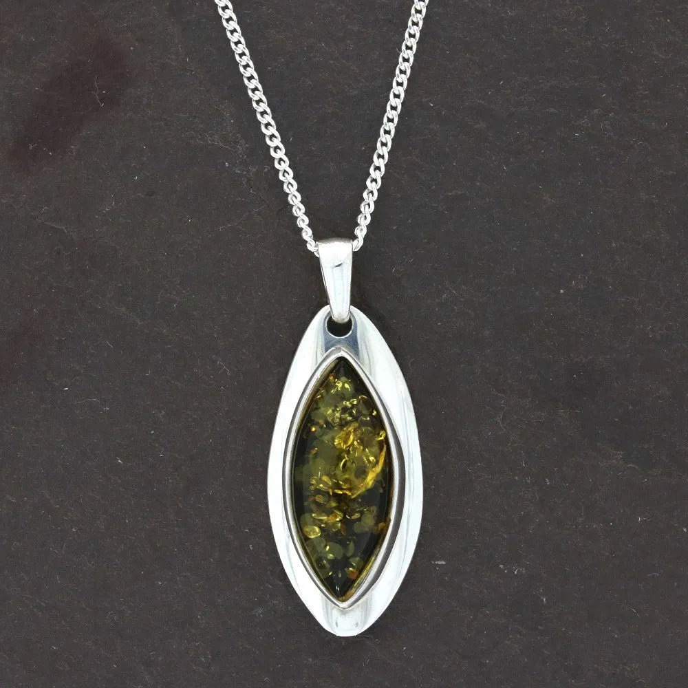 Green Amber Sterling Silver Marquise Pendant & Chain