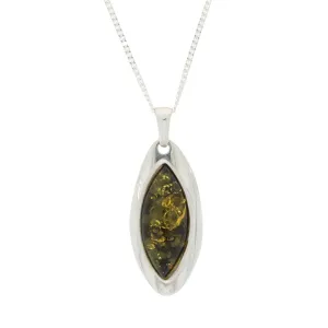 Green Amber Sterling Silver Marquise Pendant & Chain