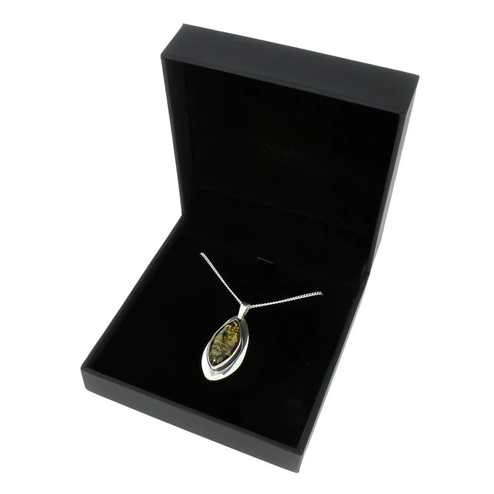 Green Amber Sterling Silver Marquise Pendant & Chain