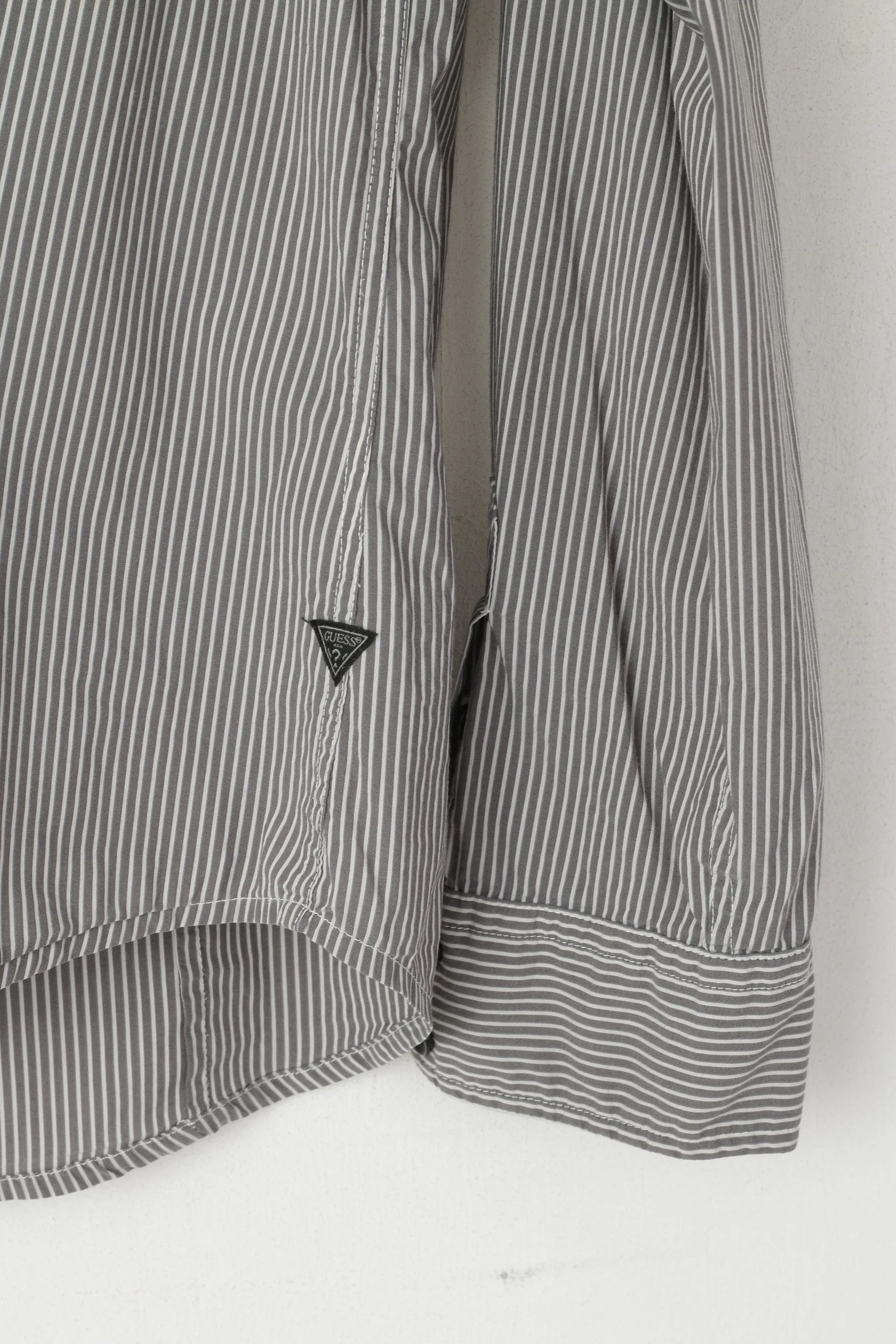 Guess Men M Casual Shirt Gray Striped Cotton Stretch Long Sleeve Pocket Top