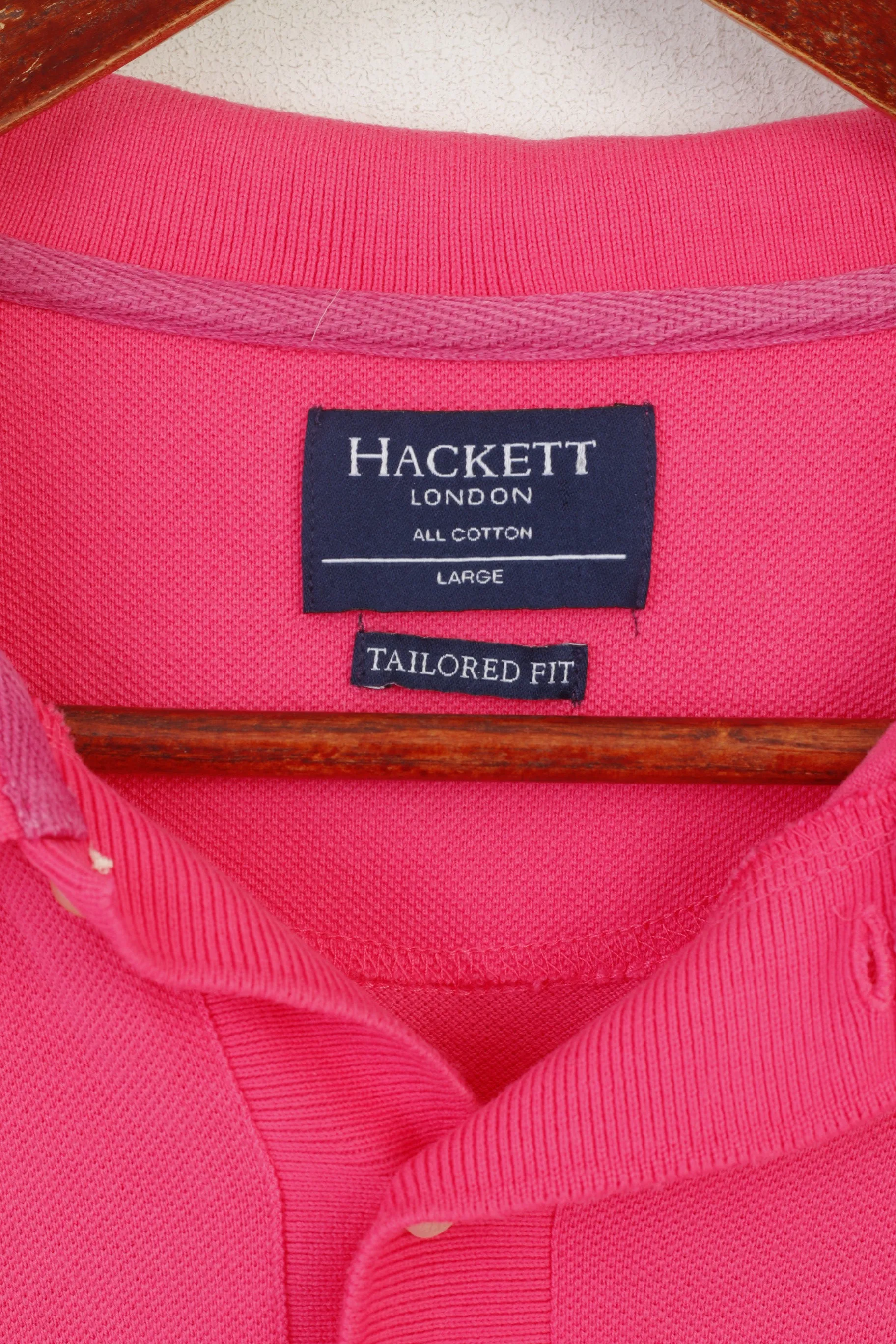 Hackett London Men L Polo Shirt Pink Stretch Cotton Detailed Buttons Long Sleeve Top