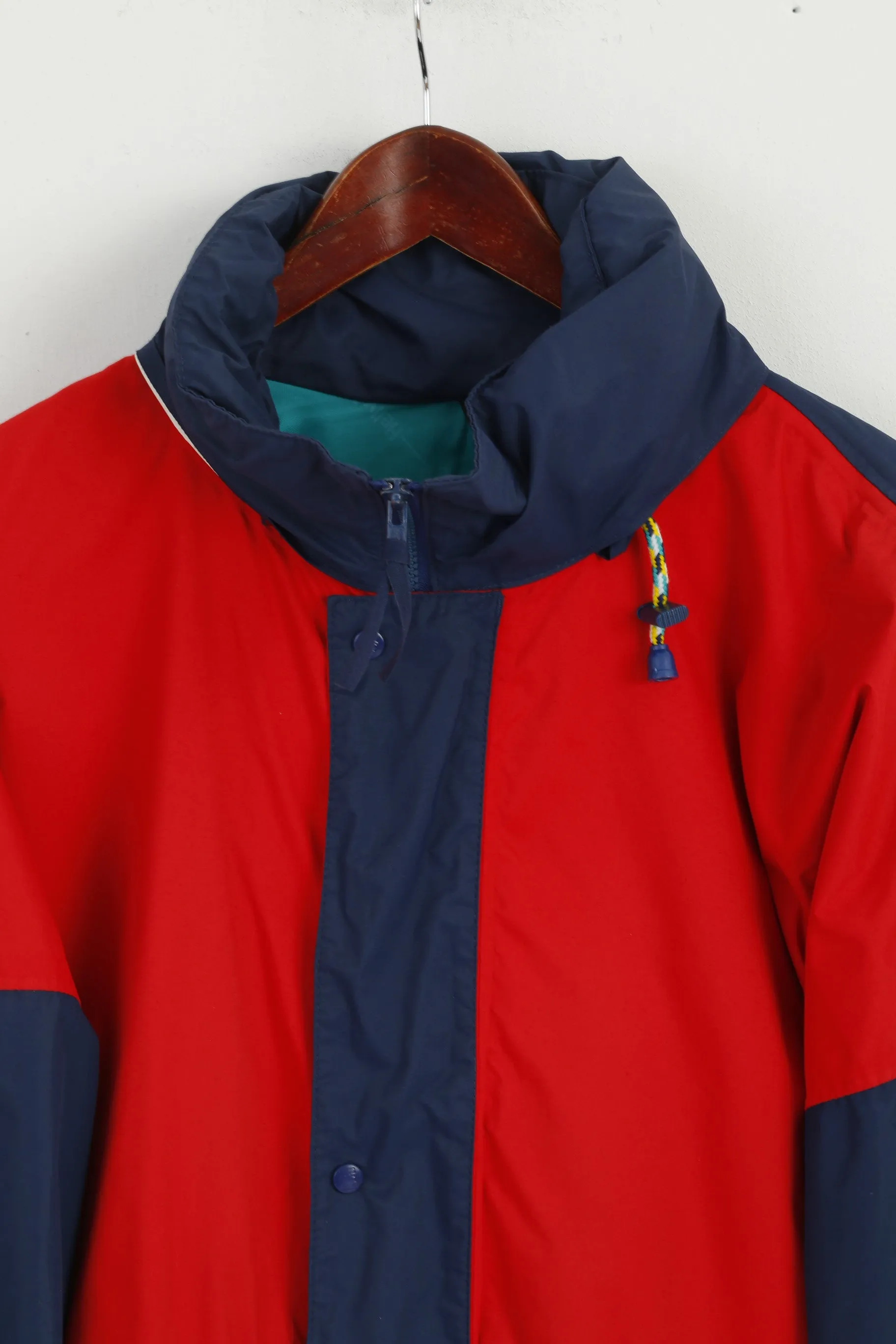 Helly Hansen Men L Jacket Red Navy Nylon Hidden Hood Vintage Sailing Top