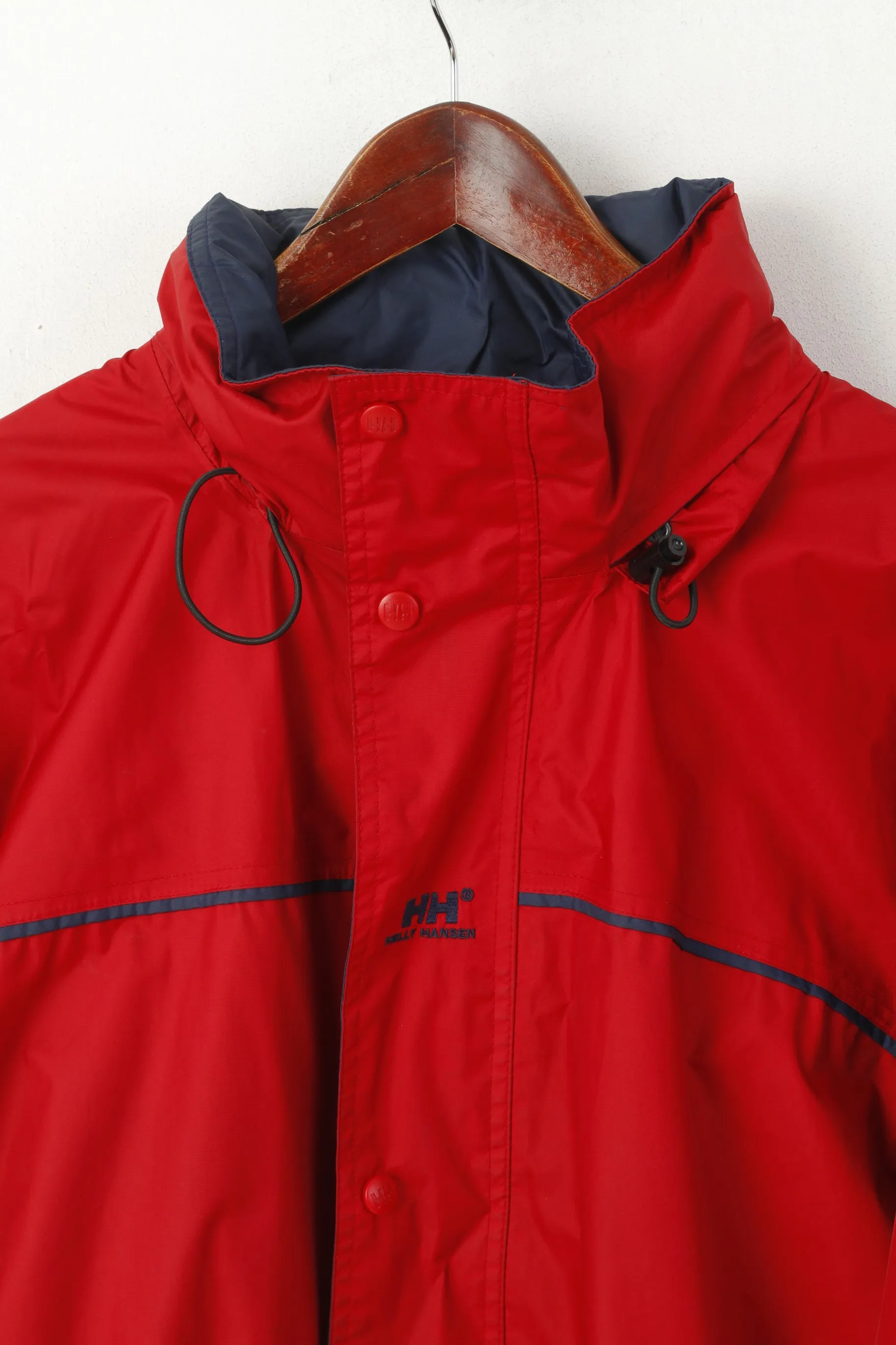 Helly Hansen Men L Jacket Red Nylon Waterproof Hidden Hood Outdoor Top