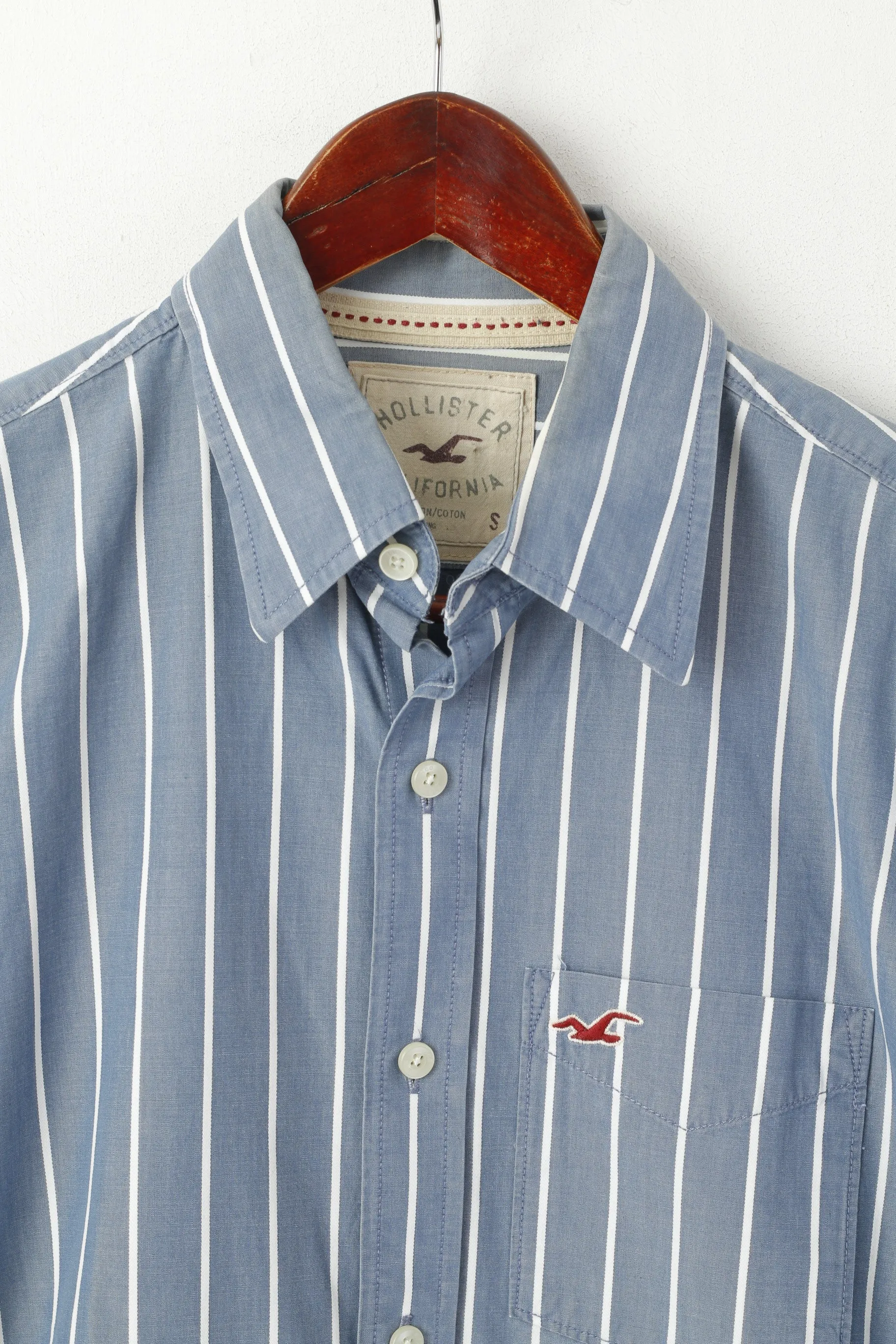 Hollister California Men S Casual Shirt Blue Striped Cotton Long Sleeve Top