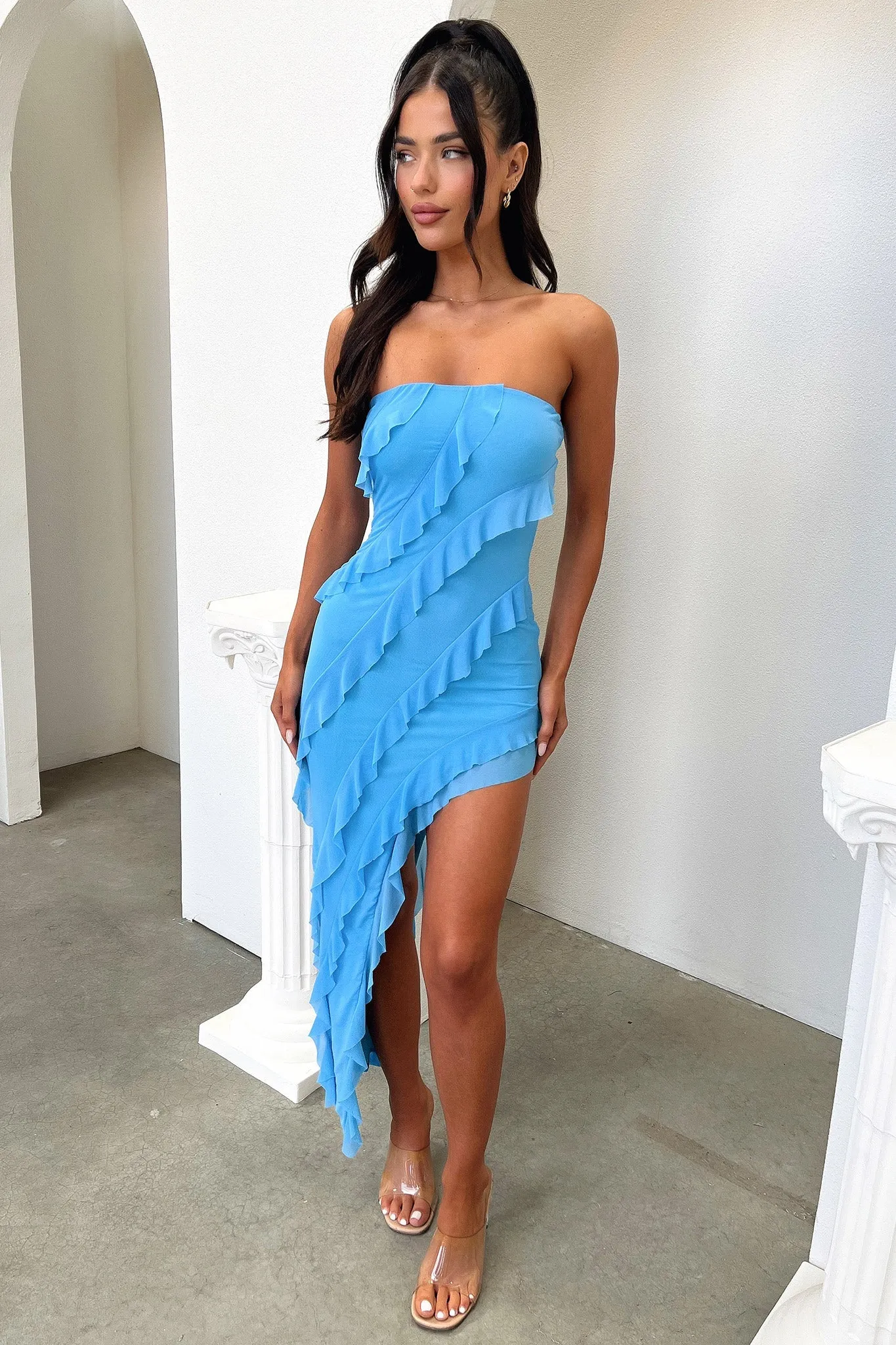 Jadore Strapless Ruffle Midi Dress - Blue