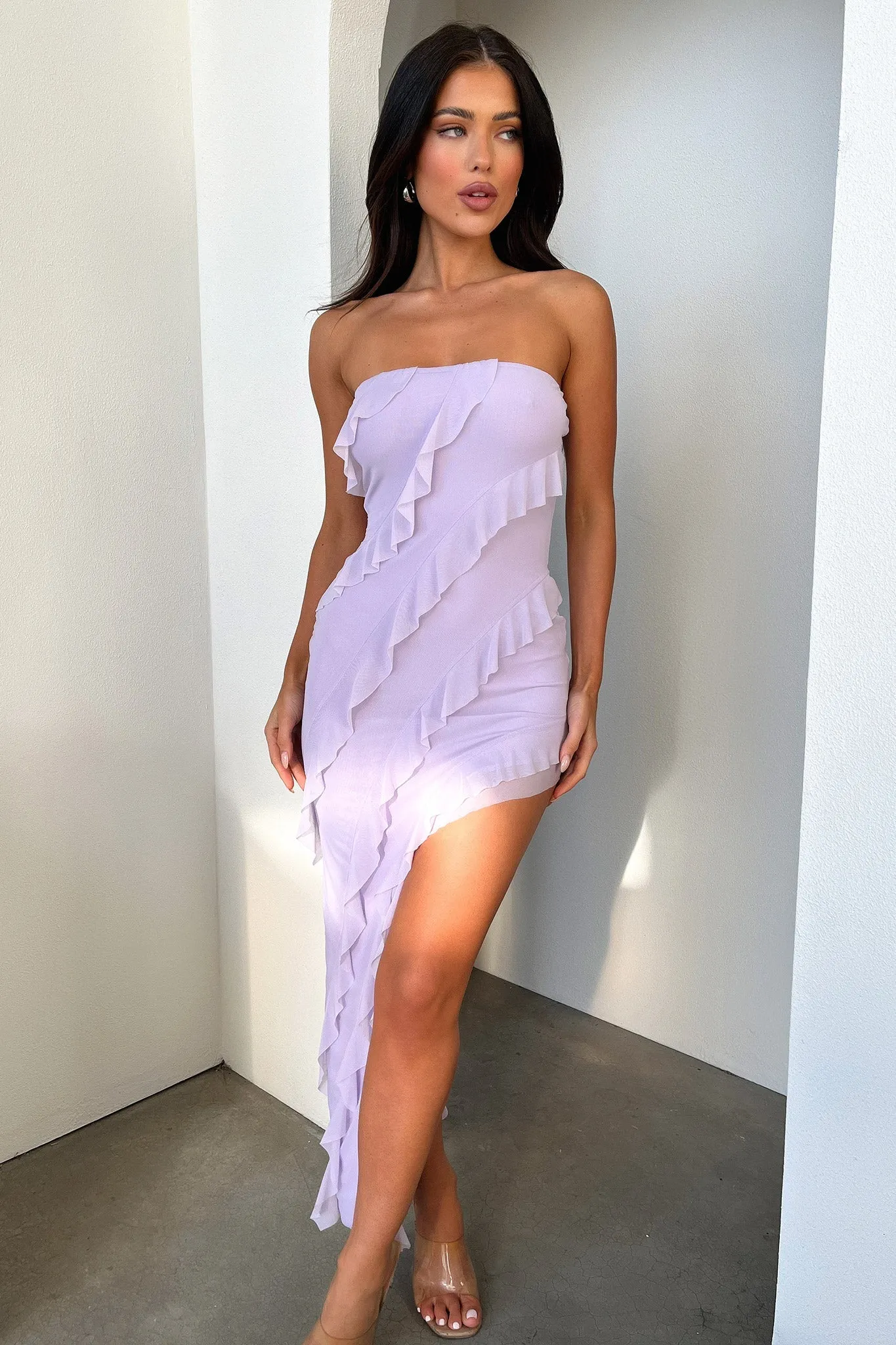 Jadore Strapless Ruffle Midi Dress - Lilac