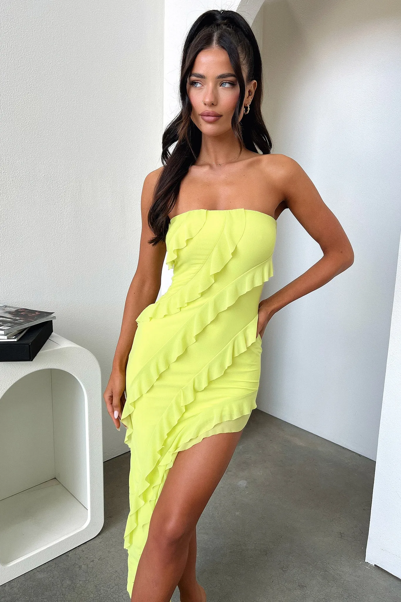 Jadore Strapless Ruffle Midi Dress - Lime