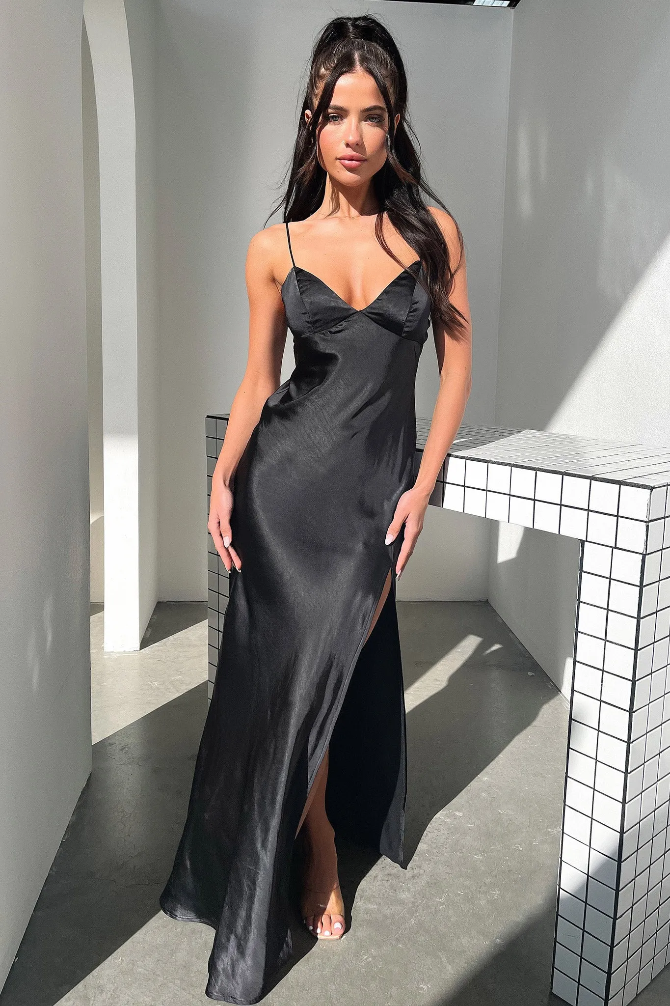 Jennifer Satin Maxi Dress - Black