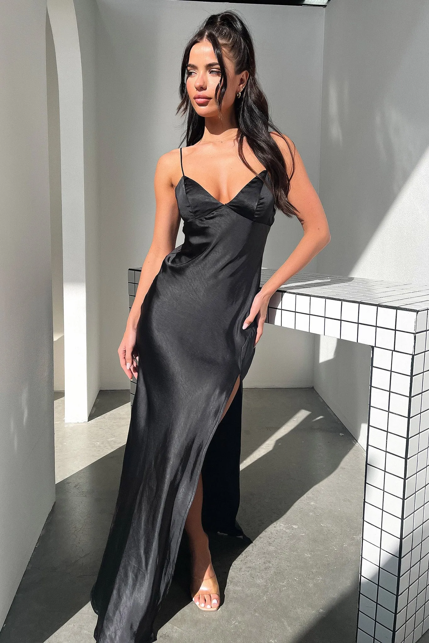 Jennifer Satin Maxi Dress - Black