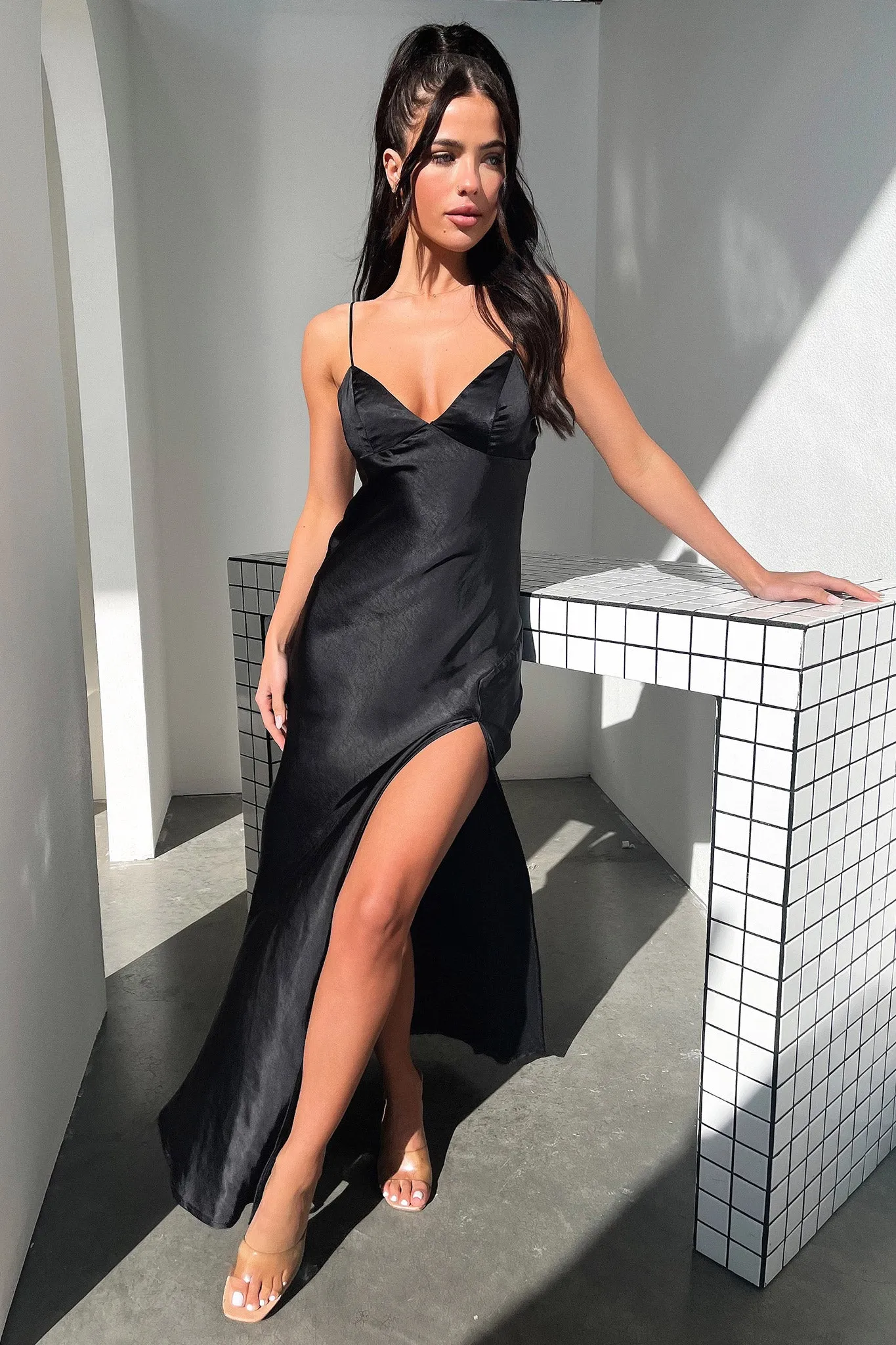 Jennifer Satin Maxi Dress - Black