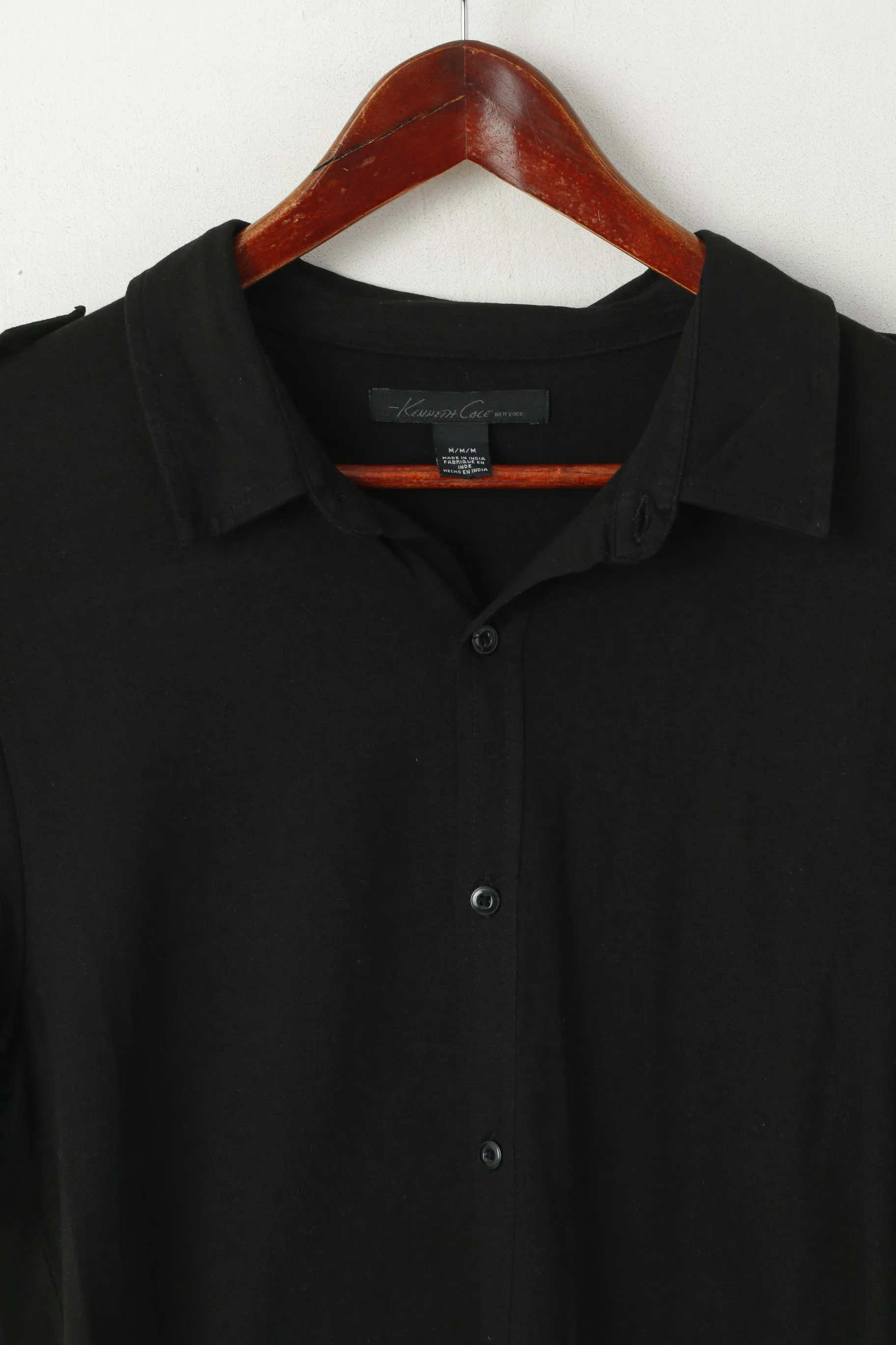 Kenneth Cole New York Men M Casual Shirt Black Cotton Modal Buttoned Plain Top