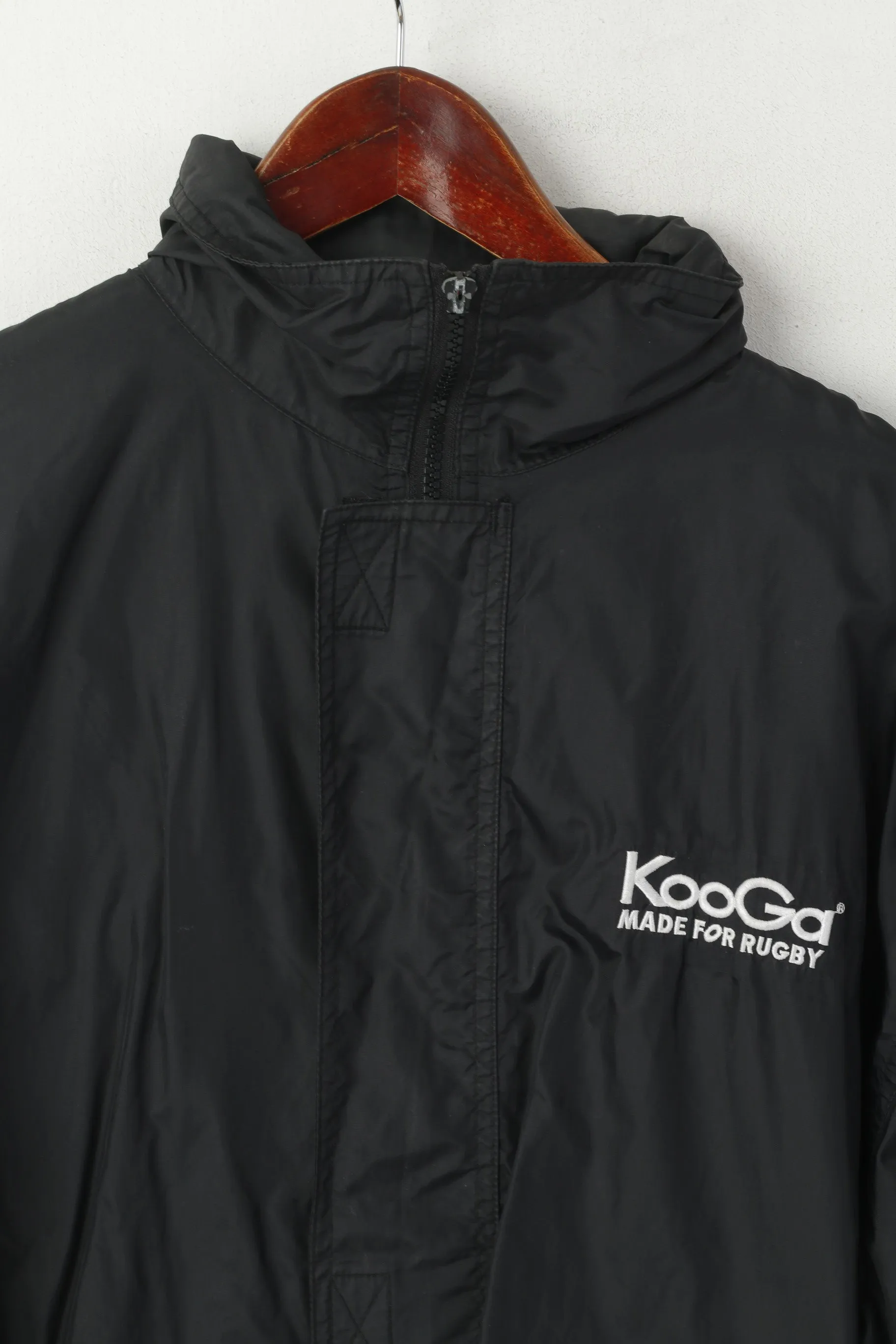 Kooga Men S Jacket Black Nylon Waterproof Rugby Full Zip Hidden Hood Top
