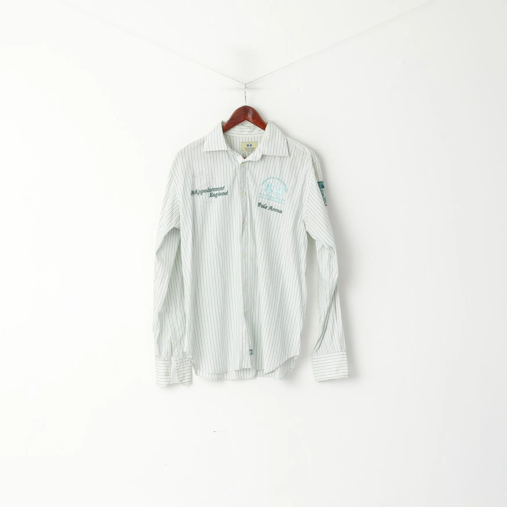 La Martina Men XL (L) Casual Shirt Green Striped Cotton England polo Argentino Top
