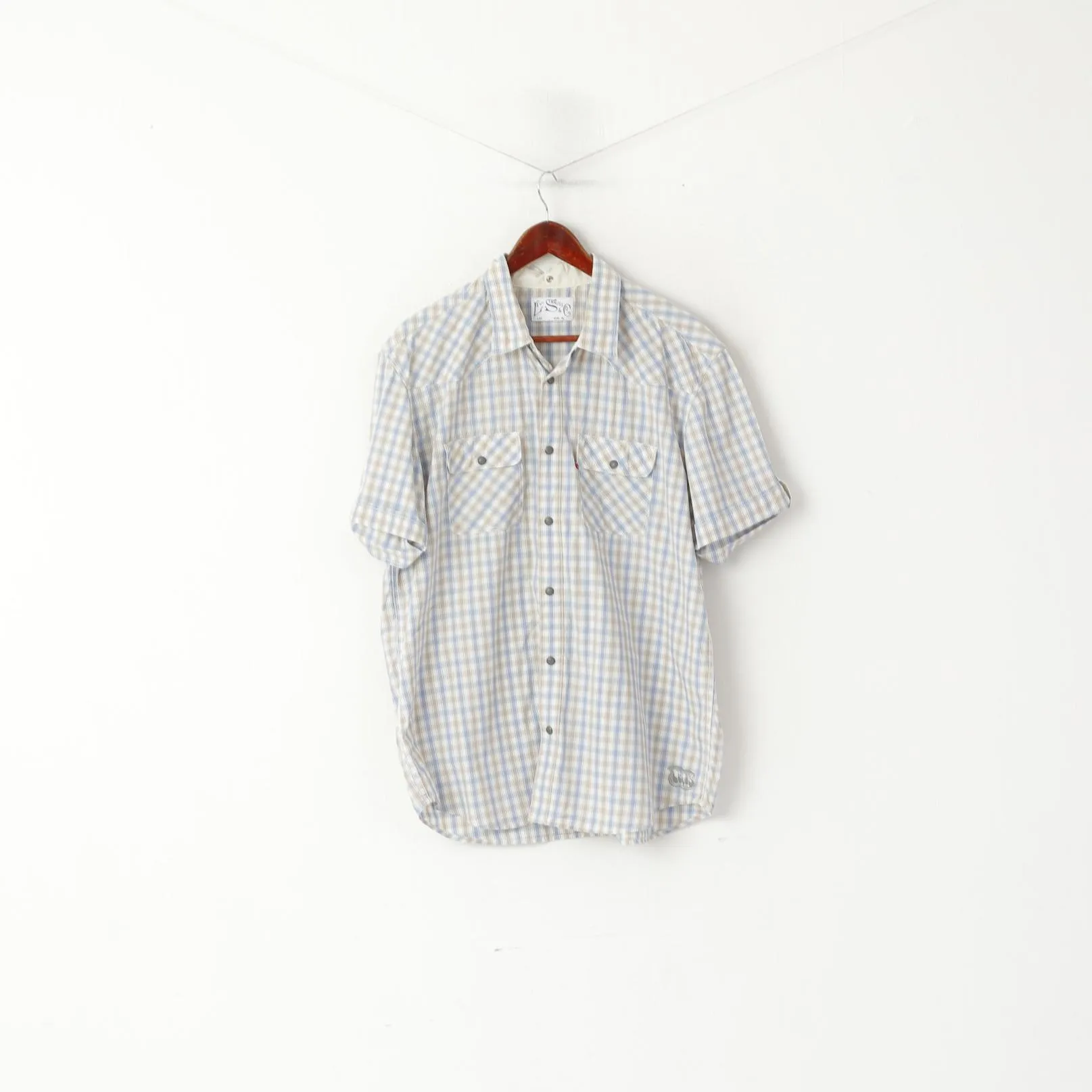 Levi's Men XL Casual Shirt Blue Beige Check Cotton Snap Short Sleeve Top
