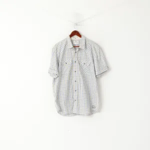 Levi's Men XL Casual Shirt Blue Beige Check Cotton Snap Short Sleeve Top