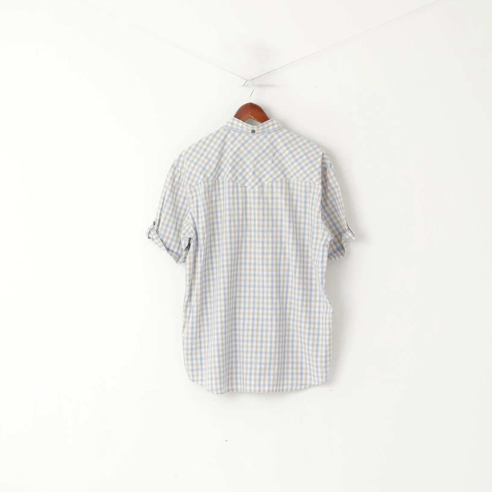Levi's Men XL Casual Shirt Blue Beige Check Cotton Snap Short Sleeve Top