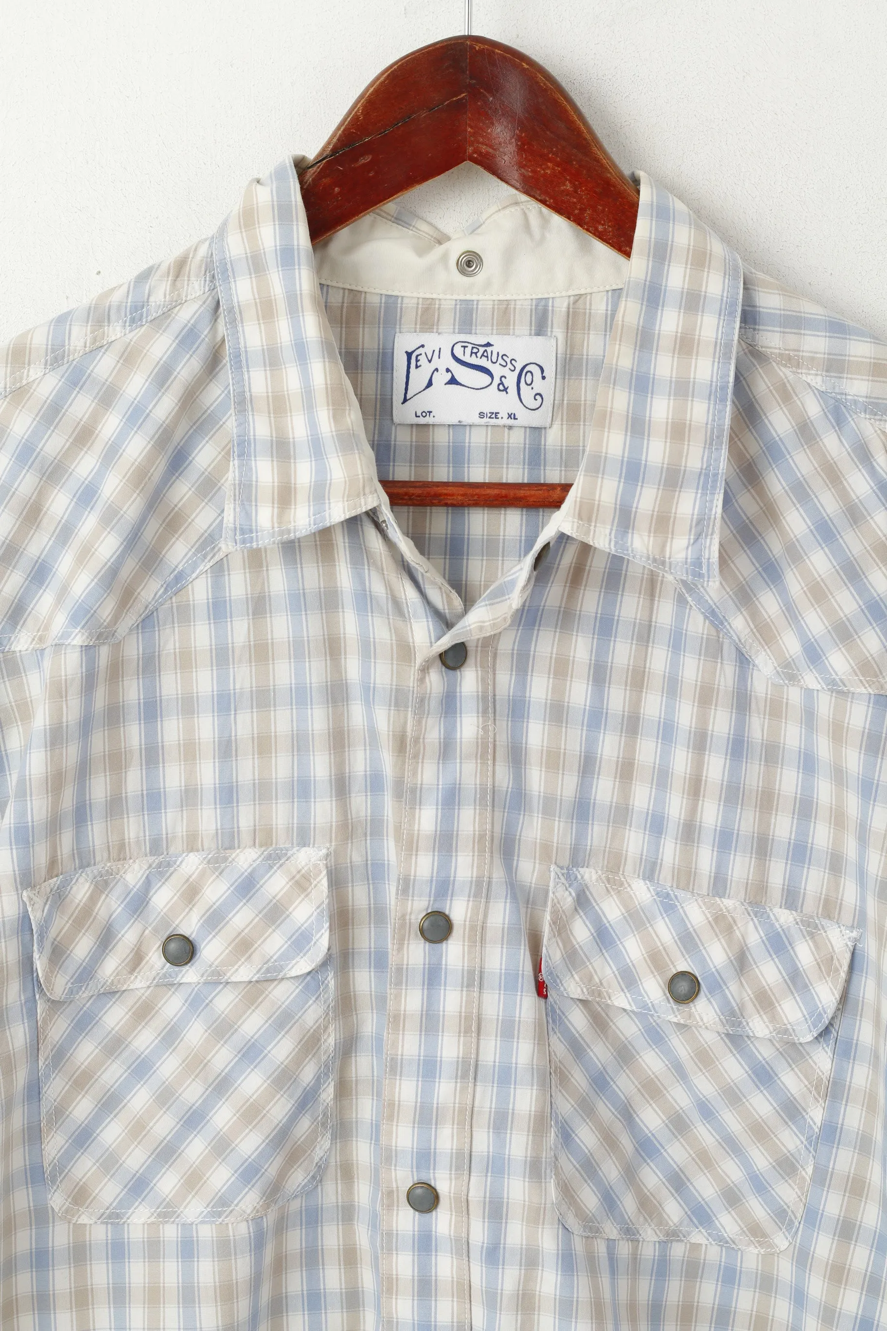 Levi's Men XL Casual Shirt Blue Beige Check Cotton Snap Short Sleeve Top