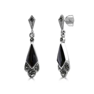 London Vintage Sterling Silver Marcasite and Onyx Drop Earrings