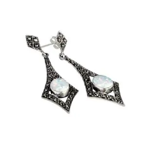 London Vintage Sterling Silver Marcasite and Opal Drop Earrings