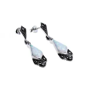 London Vintage Sterling Silver Marcasite and Opal Drop Earrings