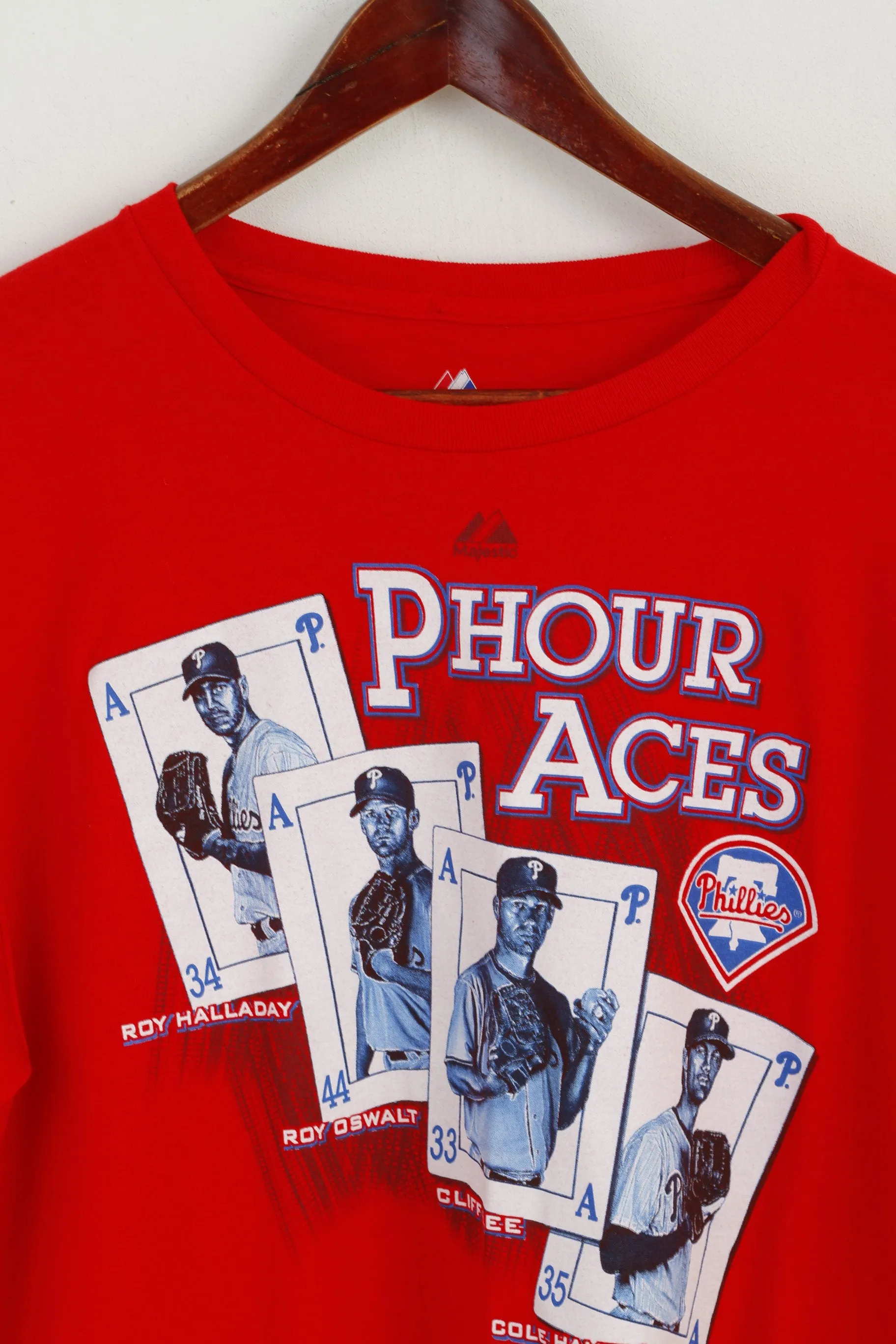 Majestic Men L Shirt Red Cotton Phillies Baseball Phour Aces Short Sleeve Top