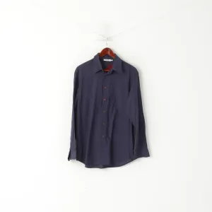Moschino Jeans Men M Casual Shirt Navy Cotton Emroidered Back Long Sleeve Top