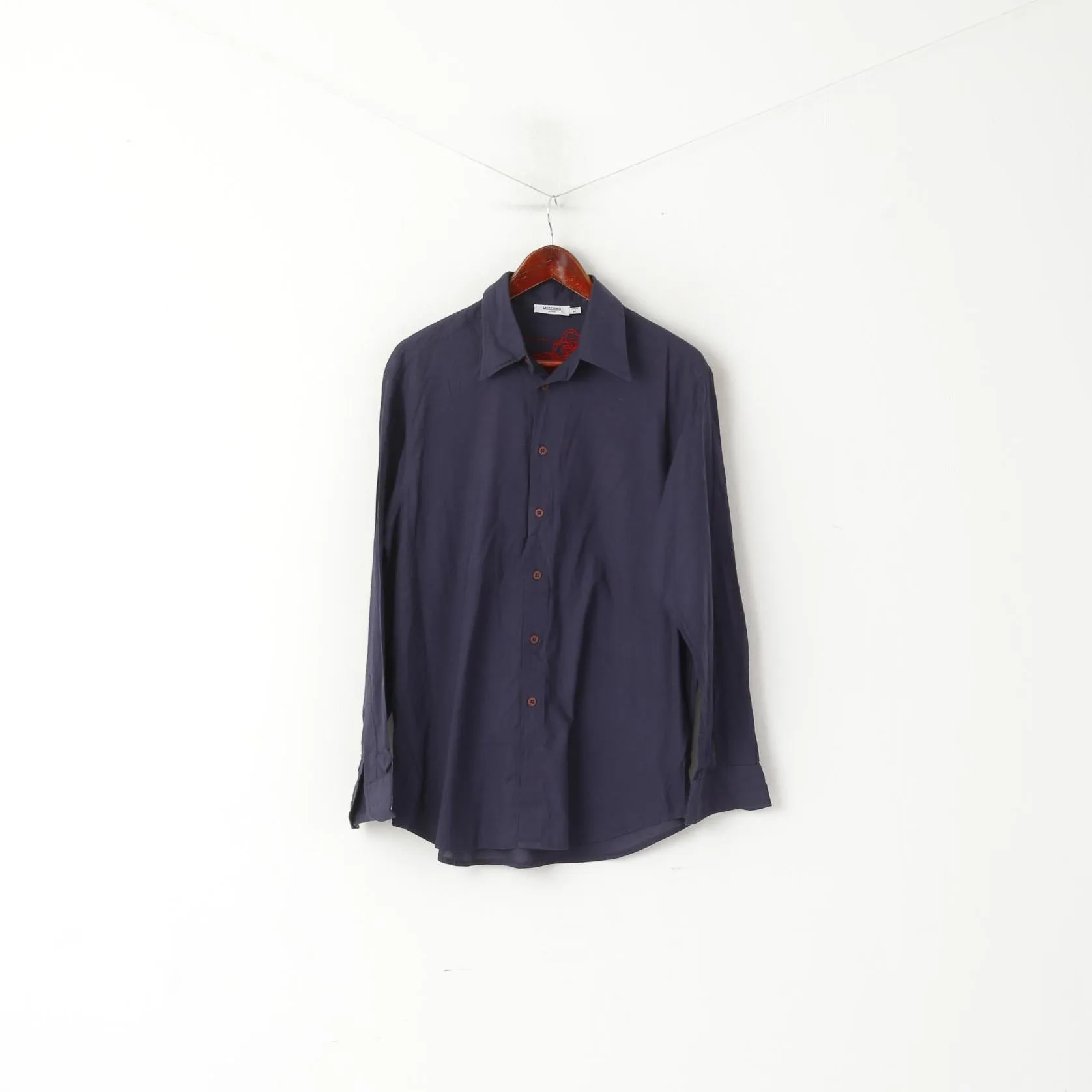 Moschino Jeans Men M Casual Shirt Navy Cotton Emroidered Back Long Sleeve Top