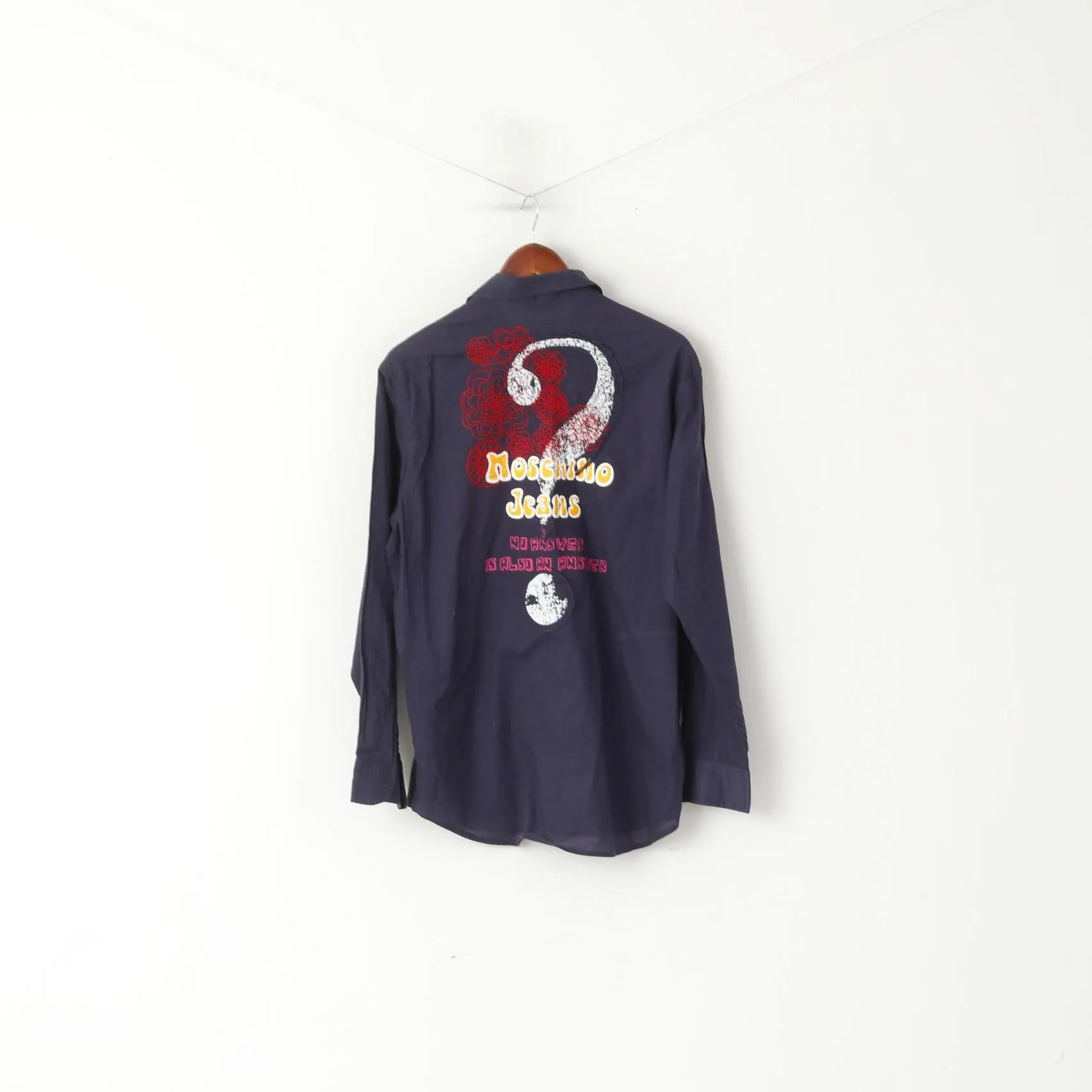 Moschino Jeans Men M Casual Shirt Navy Cotton Emroidered Back Long Sleeve Top