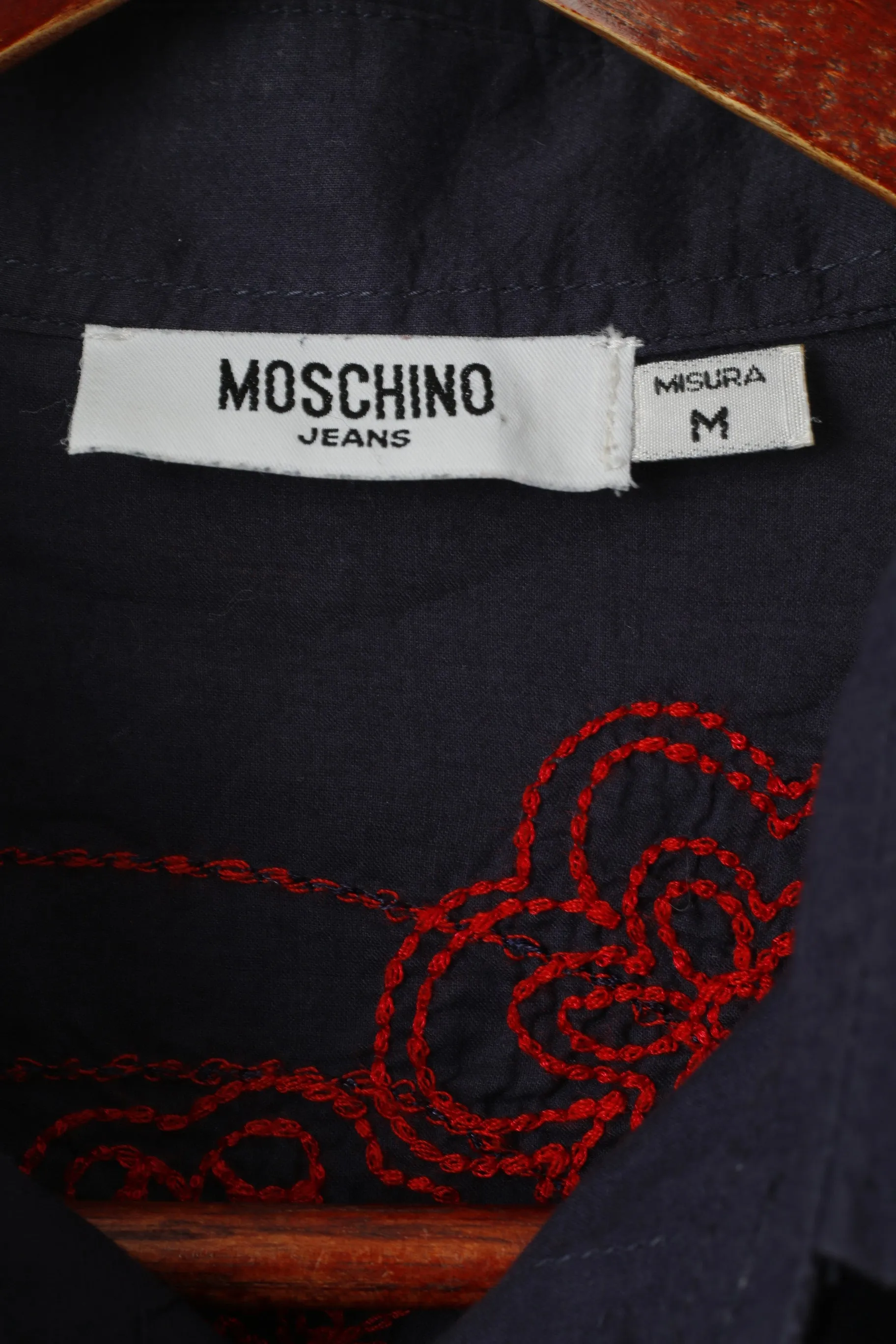 Moschino Jeans Men M Casual Shirt Navy Cotton Emroidered Back Long Sleeve Top