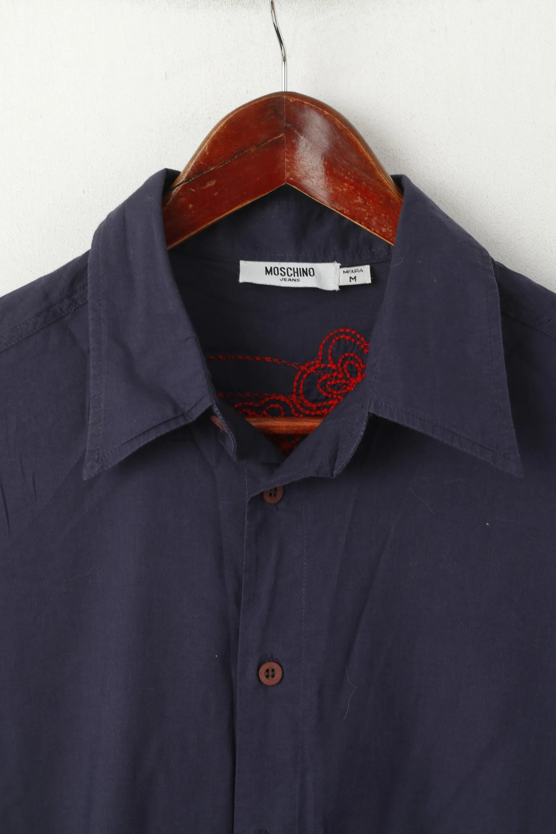 Moschino Jeans Men M Casual Shirt Navy Cotton Emroidered Back Long Sleeve Top