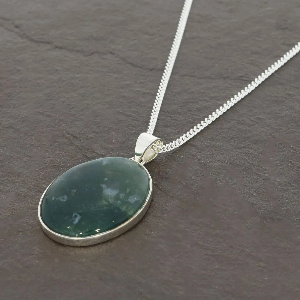 Moss Agate Sterling Silver Oval Pendant and Chain