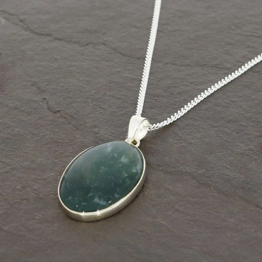 Moss Agate Sterling Silver Oval Pendant and Chain