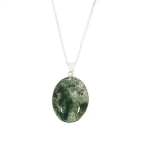 Moss Agate Sterling Silver Oval Pendant and Chain
