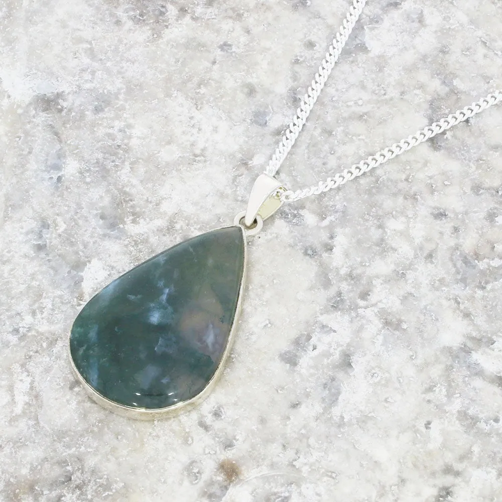 Moss Agate Sterling Silver Teardrop Pendant and Chain
