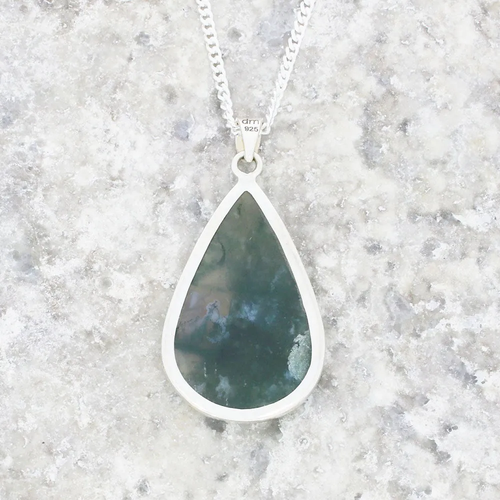 Moss Agate Sterling Silver Teardrop Pendant and Chain