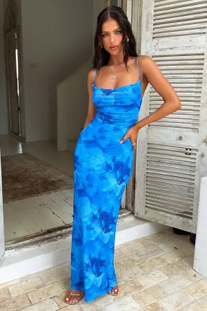 Nadine Lace-Up Back Maxi Dress - Blue Floral