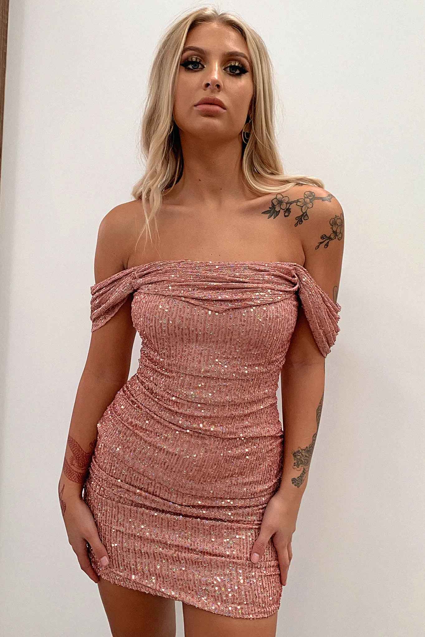 Nara Off Shoulder Sequin Dress - Pink Sequin